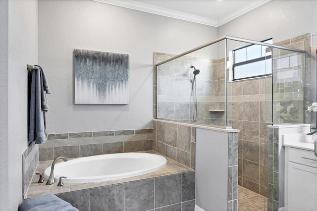 full bathroom with crown molding, a bath, a stall shower, and vanity
