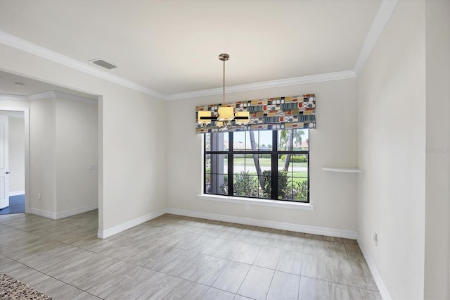 unfurnished dining area featuring baseboards, visible vents, ornamental molding, and a notable chandelier