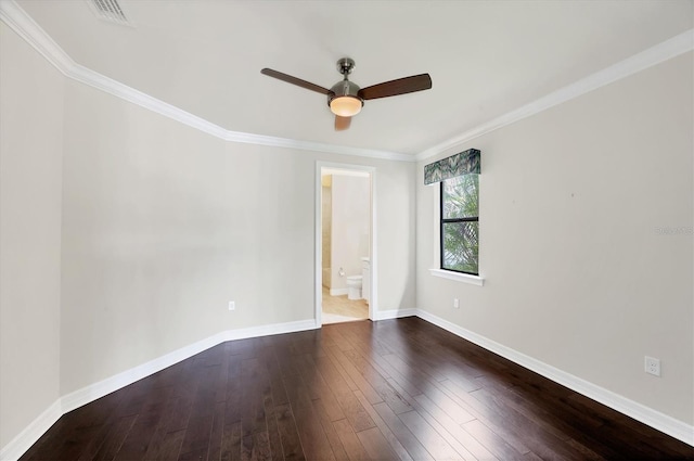 unfurnished room with a ceiling fan, baseboards, dark wood finished floors, and ornamental molding