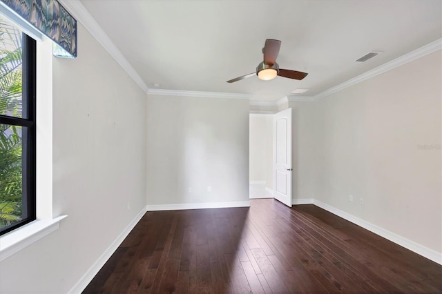 unfurnished room with ceiling fan, baseboards, visible vents, and dark wood finished floors