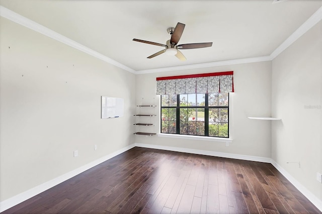 empty room featuring crown molding, baseboards, ceiling fan, and dark wood-style floors