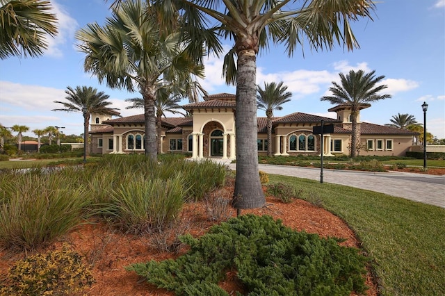 mediterranean / spanish home with curved driveway, stucco siding, and a tile roof