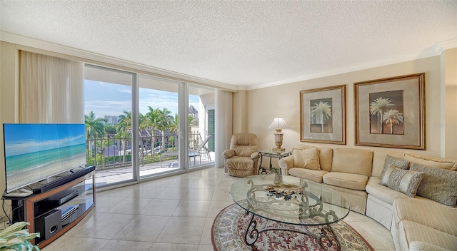 1212 Benjamin Franklin Dr Unit 503, Sarasota, FL 34236 - living area featuring crown molding, a textured ceiling, a wall of windows, and light tile patterned floors