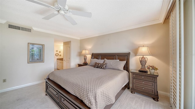 1212 Benjamin Franklin Dr Unit 503, Sarasota, FL 34236 - bedroom featuring light colored carpet, crown molding, visible vents, baseboards, and ensuite bath