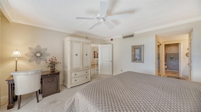 1212 Benjamin Franklin Dr Unit 503, Sarasota, FL 34236 - bedroom with crown molding, light carpet, a textured ceiling, and visible vents