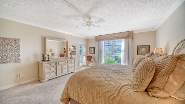 1212 Benjamin Franklin Dr Unit 503, Sarasota, FL 34236 - bedroom featuring light colored carpet, a textured ceiling, a ceiling fan, baseboards, and ornamental molding