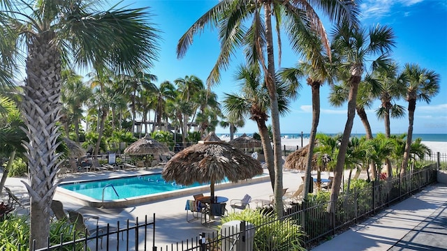 1212 Benjamin Franklin Dr Unit 503, Sarasota, FL 34236 - pool with a water view, fence, a patio area, and a view of the beach