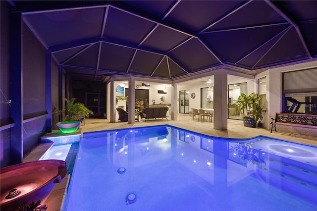 10819 Wicker Park Pl, Palmetto, FL 34221 - pool featuring a patio, a ceiling fan, an outdoor hangout area, and outdoor dining area