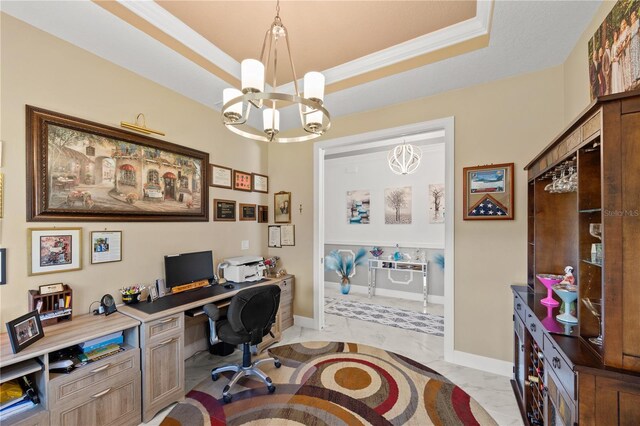 10819 Wicker Park Pl, Palmetto, FL 34221 - office area with crown molding, a tray ceiling, a notable chandelier, and baseboards