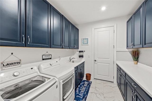 10819 Wicker Park Pl, Palmetto, FL 34221 - laundry area featuring marble finish floor, washing machine and dryer, recessed lighting, a sink, and cabinet space