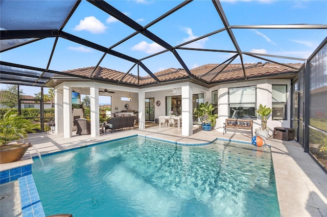 10819 Wicker Park Pl, Palmetto, FL 34221 - outdoor pool with an outdoor hangout area, a ceiling fan, a patio, and glass enclosure