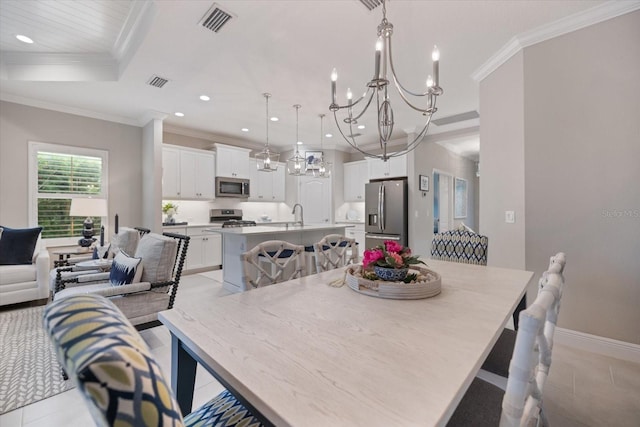 dining area featuring crown molding, recessed lighting, an inviting chandelier, and visible vents