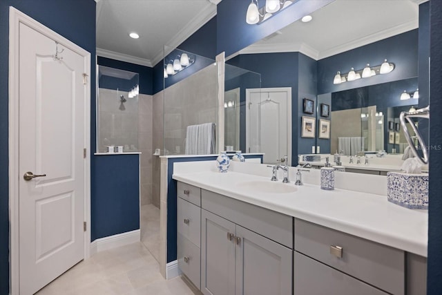 bathroom featuring crown molding, a walk in shower, vanity, and tile patterned floors