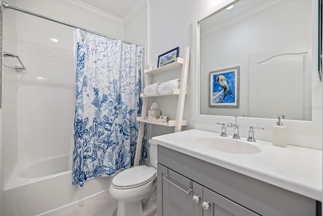 bathroom with vanity, ornamental molding, shower / bath combo, and toilet