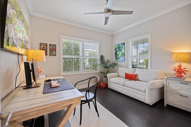 office space with a ceiling fan, ornamental molding, and wood finished floors