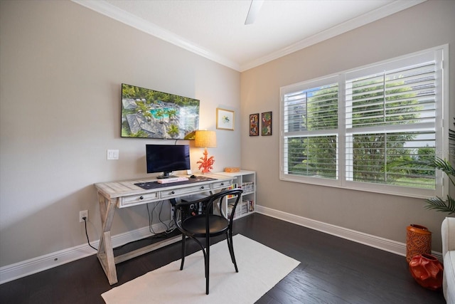 home office featuring baseboards, ornamental molding, and dark wood-type flooring