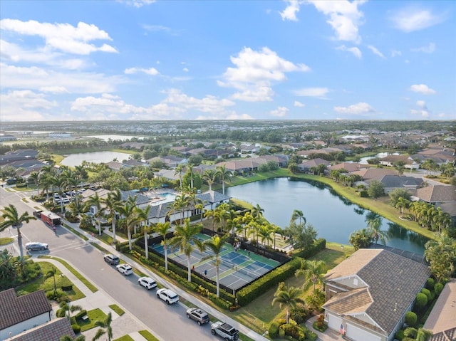 aerial view featuring a water view and a residential view