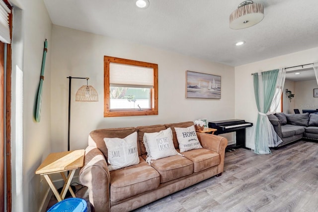 living room with recessed lighting and wood finished floors