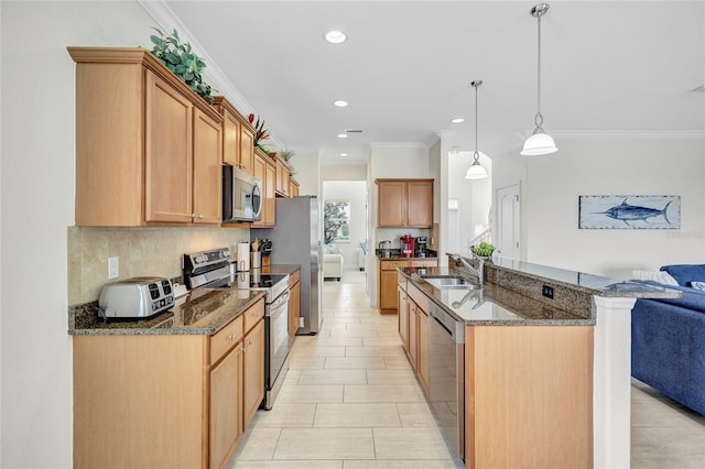 kitchen featuring backsplash, appliances with stainless steel finishes, a sink, open floor plan, and recessed lighting