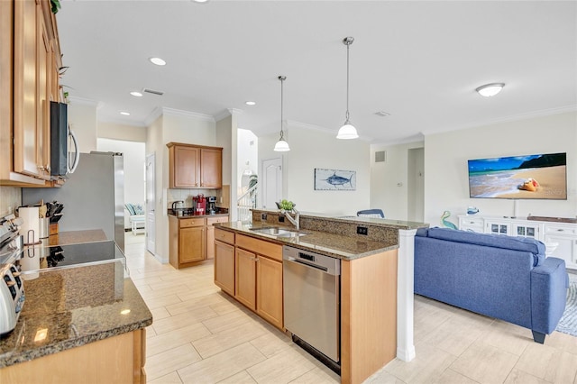 kitchen featuring appliances with stainless steel finishes, a sink, open floor plan, dark stone counters, and ornamental molding