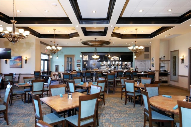 dining area with a chandelier, carpet, recessed lighting, ornamental molding, and coffered ceiling