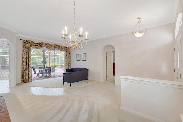 4730 Old Farm Rd, Sarasota, FL 34233 - interior space featuring crown molding, arched walkways, baseboards, a chandelier, and light tile patterned flooring
