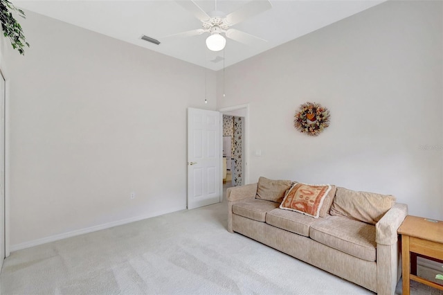 4730 Old Farm Rd, Sarasota, FL 34233 - living area featuring visible vents, carpet flooring, baseboards, and ceiling fan