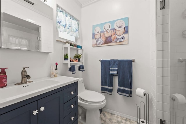 bathroom featuring crown molding, walk in shower, vanity, toilet, and baseboards