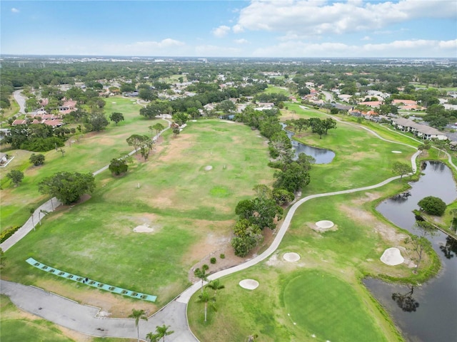 bird's eye view featuring a water view, golf course view, and a residential view