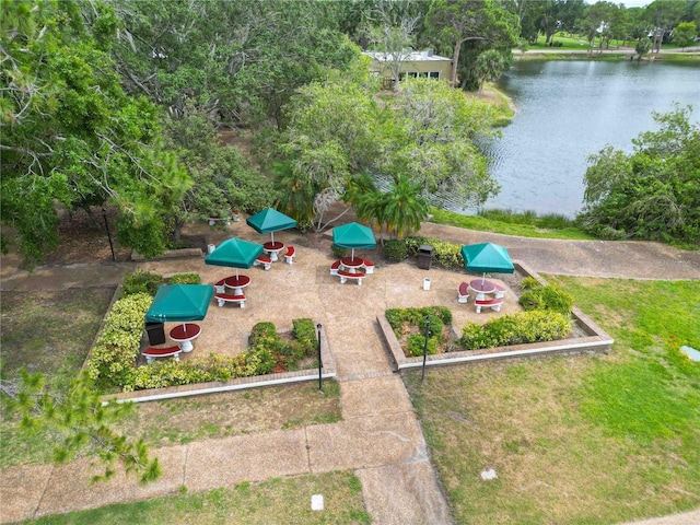 exterior space with a water view