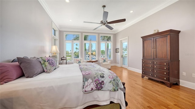 975 Whitakers Ln, Sarasota, FL 34236 - bedroom with ornamental molding, light wood-style floors, baseboards, access to outside, and recessed lighting