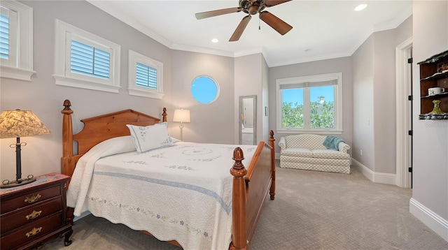 975 Whitakers Ln, Sarasota, FL 34236 - carpeted bedroom with multiple windows, crown molding, baseboards, recessed lighting, and ceiling fan