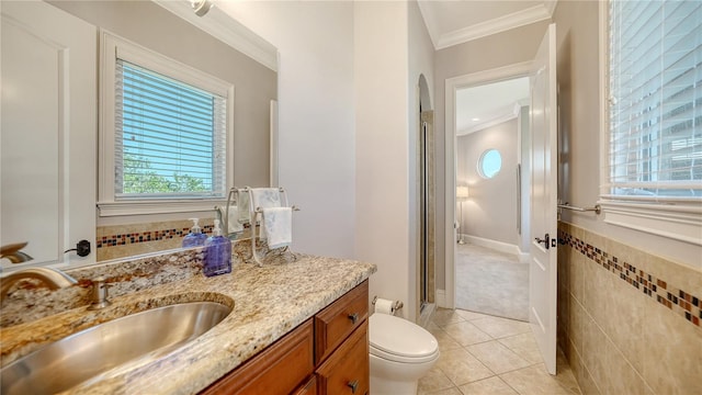 975 Whitakers Ln, Sarasota, FL 34236 - full bathroom with ornamental molding, tile patterned flooring, vanity, a stall shower, and healthy amount of natural light