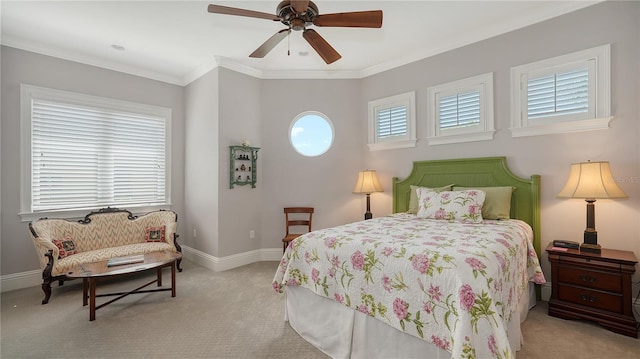 975 Whitakers Ln, Sarasota, FL 34236 - bedroom featuring carpet floors, baseboards, ornamental molding, and a ceiling fan