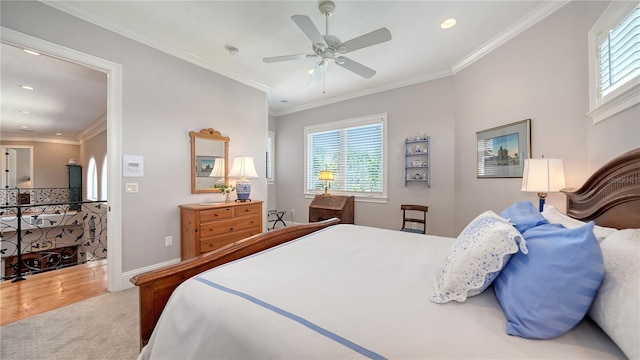 975 Whitakers Ln, Sarasota, FL 34236 - bedroom featuring recessed lighting, crown molding, baseboards, and a ceiling fan