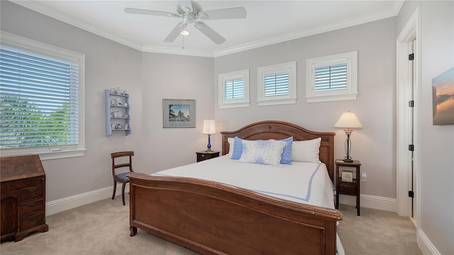 975 Whitakers Ln, Sarasota, FL 34236 - bedroom featuring light carpet, baseboards, ornamental molding, and a ceiling fan