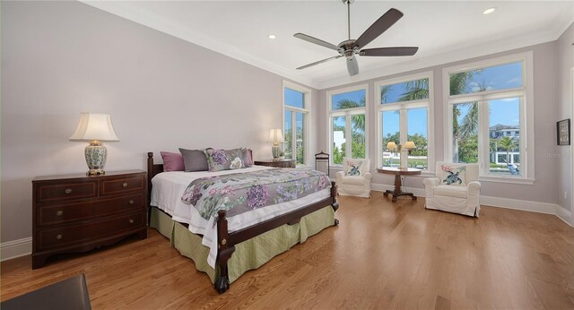 975 Whitakers Ln, Sarasota, FL 34236 - bedroom with ornamental molding, baseboards, light wood finished floors, recessed lighting, and ceiling fan