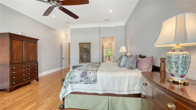 975 Whitakers Ln, Sarasota, FL 34236 - bedroom featuring light wood finished floors, ornamental molding, baseboards, recessed lighting, and ceiling fan