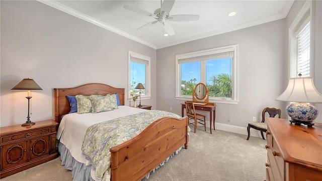975 Whitakers Ln, Sarasota, FL 34236 - bedroom featuring light carpet, baseboards, crown molding, and a ceiling fan