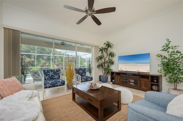 living room with crown molding, light tile patterned floors, a ceiling fan, and a sunroom