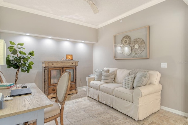 office area featuring crown molding, baseboards, and ceiling fan