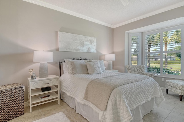tiled bedroom featuring a textured ceiling and ornamental molding