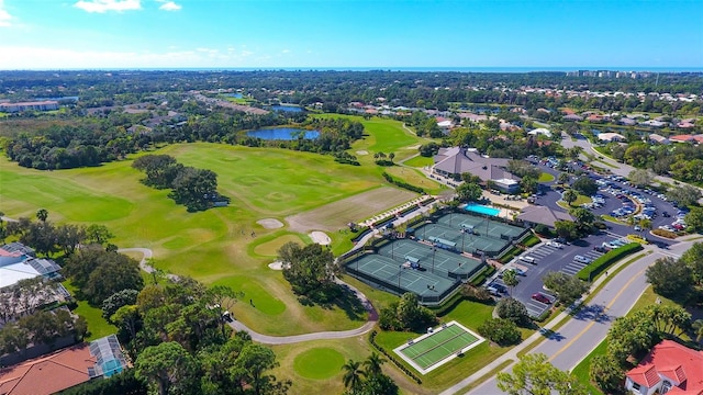 birds eye view of property featuring a residential view, a water view, and golf course view