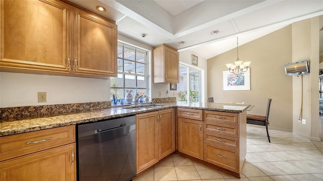 3984 Lyndhurst Ct, Sarasota, FL 34235 - kitchen with dishwasher, a sink, a peninsula, a notable chandelier, and dark stone counters