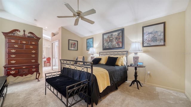 3984 Lyndhurst Ct, Sarasota, FL 34235 - bedroom featuring baseboards, ceiling fan, lofted ceiling, and light colored carpet