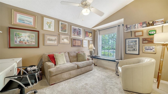 3984 Lyndhurst Ct, Sarasota, FL 34235 - sitting room with baseboards, a ceiling fan, carpet, and lofted ceiling