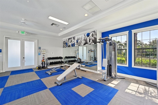 exercise room with crown molding, french doors, baseboards, and recessed lighting