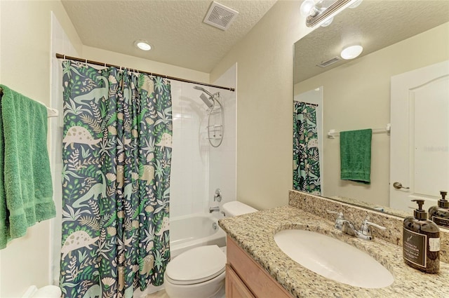 bathroom with toilet, a textured ceiling, visible vents, and vanity