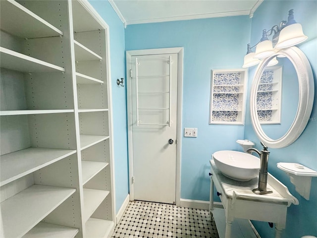 2058 Sunset Point Rd Unit 11, Clearwater, FL 33765 - bathroom featuring crown molding, a sink, and baseboards