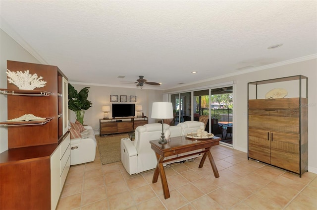 living room with crown molding, ceiling fan, light tile patterned floors, and recessed lighting